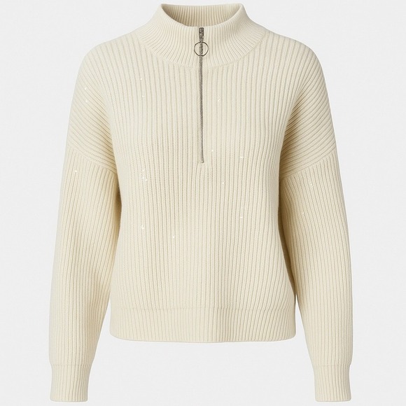Nine West Sweaters - Nine West Half Zip XL Cream Rayon Knit Preppy Chic Sequin Sparkle Ribbed Sweater